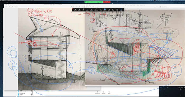 Zoom discussion how to think further by sketching 'next' to the student's section (author's collection)